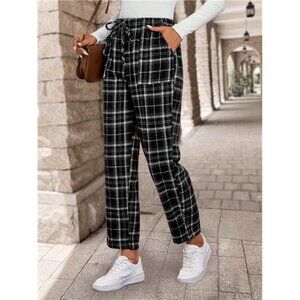 Women's Casual Belted Elastic Straight Leg Plaid Pants, Autumn
